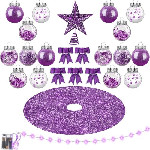 Hiboom  Purple Christmas Tree Decorations Set Glitter Star Tree Topper Sequined Xmas Tree Skirt Tree Cover Mat Bow Knot Light String LED Lights 30 Christmas Balls Ornaments for Party Holiday
