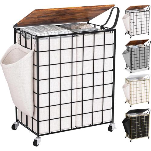 Laundry Basket with Wheels, Heavy Duty Laundry Sorter 2 Sections, 120L (32Gal.) Large Capacity Laundry Hamper with Wood Lid, 360 Rolling Wheels, Extra Side Pocket, Leather Pull Handle, Beige