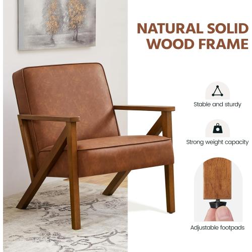 Yaheetech Accent Chair Faux Leather Armchair Lounge Chair with Wood Frame, Modern Retro Lounge Chair for Living Room/Office/Reception Area, Light Brown