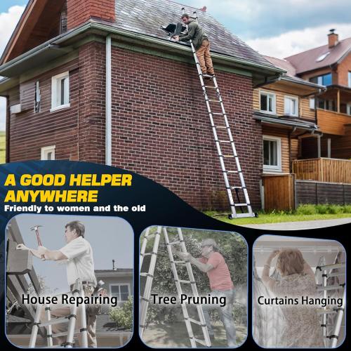 16.5 FT A-Frame Telescoping Ladder,8 8 Step Ladder,330LBs Load Capacity,Portable Extension Ladder Multi-Purpose Collapsible for Stairs Home Indoor Outdoor Roof (Silver, 5M(2.5m 2.5m)/16.5FT A Frame)