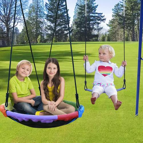 Swing Set for Backyard, 440lbs Swing Set with Heavy-Duty A-Frame Metal Stand, 1 Saucer Swing Seat & 1 Belt Swings Seat