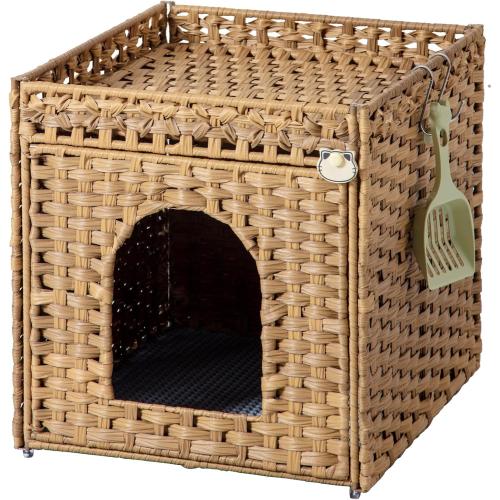 18.5 x 20.5 x 19.1 Cat Litter Box Enclosure Furniture, Hidden Litter Box with Mat and Fence, Handwoven Rattan Cat House with Two S-Shaped Hooks for Living Room, Bedroom, 18.5 x 20.5 x 19.1 Inches (Natural)