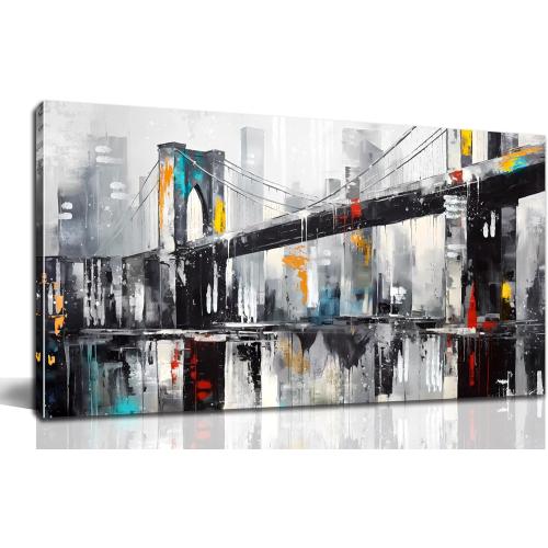 CANEITO New York City Wall Art for Living Room, Brooklyn Bridge Canvas Wall Decor for Bedroom, Black and White Cityscape Print Paintings, Size 24x48 Inches