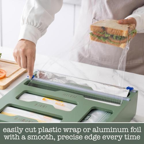 Rae Dunn Bamboo Bag Organizer for Kitchen Drawer - Durable Wood Organizer for Kitchen Storage - Holds Gallon, Quart, Snack, Sandwich Size Baggies, Plastic Wrap and Foil