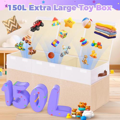 Extra Large Toy Storage Box with Lid, Collapsible Sturdy Toys Chest Storage Organizer Bin Basket with Divider for Kids, Boys, Girls, Closet, Playroom, Bedroom, Nursery, 40X14X16, Beige & White