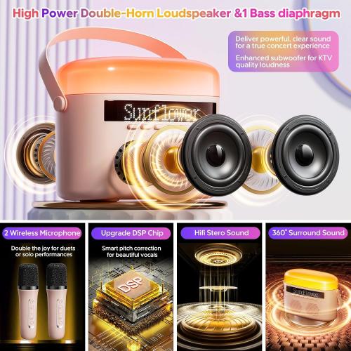 Karaoke Machine for Kids & Adults with 2 Wireless Mics 2400mAh Portable Bluetooth Karaoke Speaker with Timer White Noise & Night Light High Power Dual Speaker LED Display Home & Outdoor Party - Pink