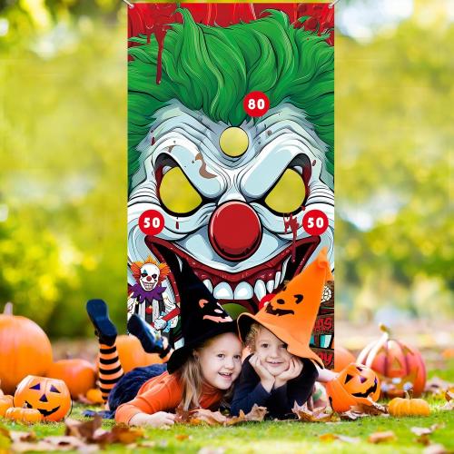 Halloween Carnival Party Games, Clown Toss Games Banner with 4 Bean Bags Set for Indoor Outdoor Toss Across Game for Boys Girls Birthday Party Supplies Decoration Hanging Banner Throwing Game