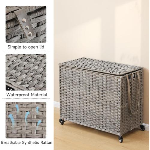 Laundry Hamper with Wheels, 52.8 Gallon(200L) Rolling Laundry Basket with Lid, 3-Section Rattan Clothes Hamper with 3 Removable Liner & 3 Mesh Bags, Laundry Sorter with Side Pocket, Grey