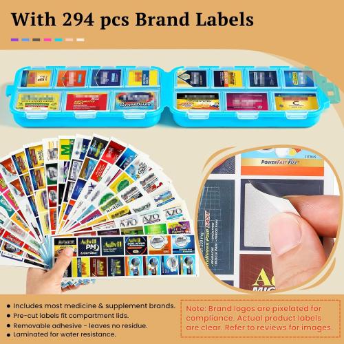 Travel Pill Organizer with Bulk Stickers & Labels - Small & Portable Week Daily Medicine Pharmacy for Pocket, Bag - 14-Compartment Foldable Supplement Box Holder for Fish Oil Vitamin - Blue