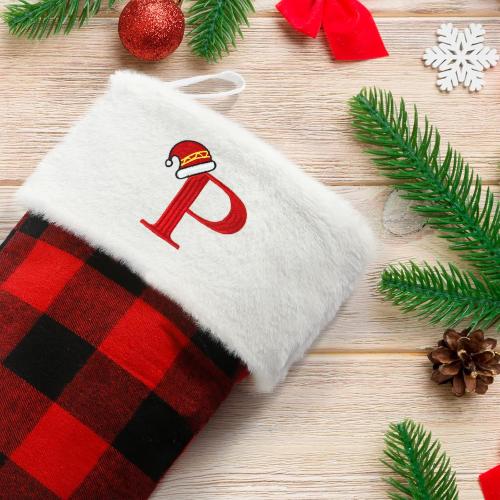Senneny Christmas Stockings with Initials, 20 Inch Large Red Black Buffalo Plaid Monogram Xmas Stockings with White Plush Faux Fur Cuff, Christmas Decorations for Family Holiday Party, Letter D