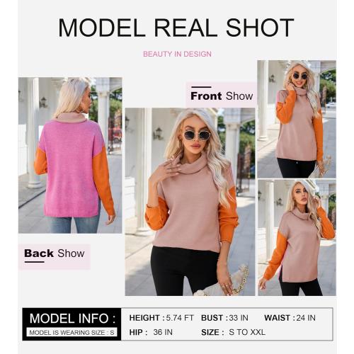 Dokotoo Womens Turtleneck Sweaters Casual Long Sleeve Color Block Side Slit Pullover Knit Jumper Tops (XL)