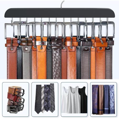 Belt Hanger for Closet, Sturdy Wood Belt Rack Closet Accessories with 14 Hooks Belt Organizer for Closet Organizers and Storage Max 42 Belts-Black 2 Pack