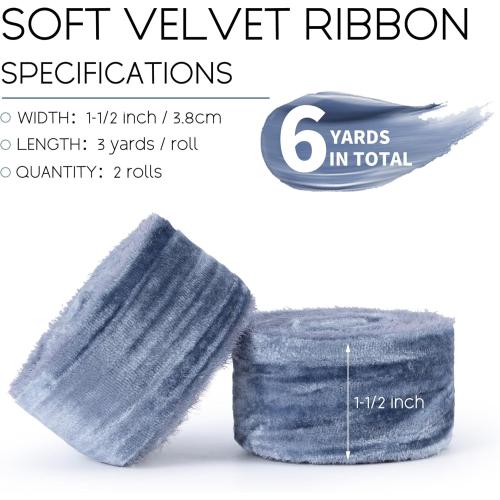 Dusty Blue Velvet Ribbon 1-1/2 Inch x 6 Yd Crinkled Handmade Frayed Vintage Ribbons for Christmas Gift Wrapping Tree Home Decor Wreath Craft Ornaments