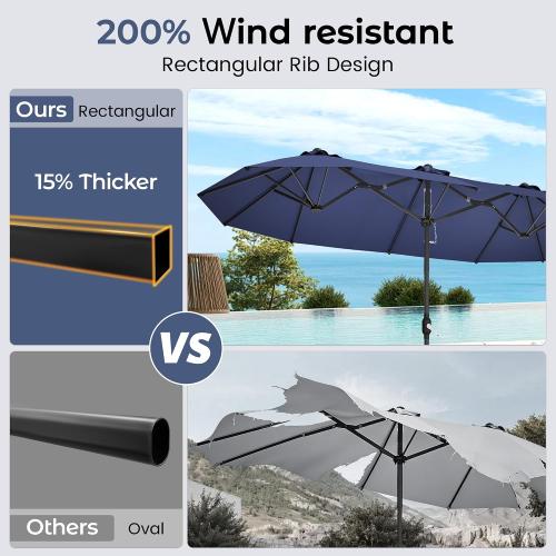 DomeShade 15ft Patio Umbrella with Base,Large Outdoor Double-Sided Rectangle Umbrella with Crank Handle, Market Umbrella for Poolside Garden Deck Backyard Beach Pools, Navy Blue