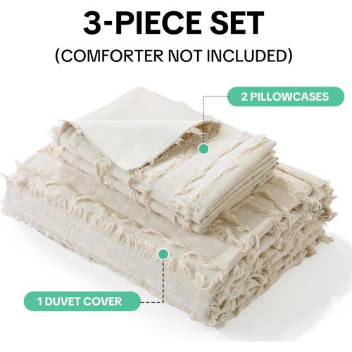 Textured Linen Stripe Duvet Cover Set Queen/King Size, 3 Pieces Linen Like Woven Bedding Set for All Seasons, Includes 1 Duvet Cover & 2 Pillowcases, King 104x90