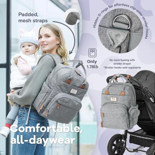 RUVALINO Diaper Bag Backpack-Multifunction Travel Baby Diaper Bag with Changing Pad, Insulated Bottle Holders & Pacifier Case, Large Capacity, Waterproof, Gray
