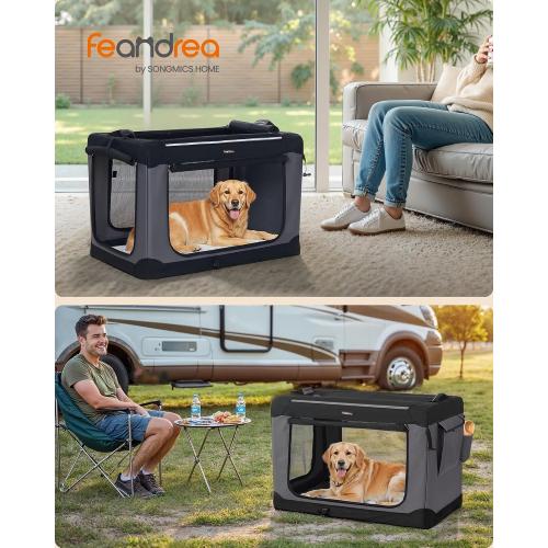 Feandrea Collapsible Dog Crate, Portable Dog Travel Crate for Large Dogs, Oxford Fabric Pet Carrier with 4 Mesh Doors, Handles, Storage Pocket, Water Bottle Holder, Ink Black UPDC019B01