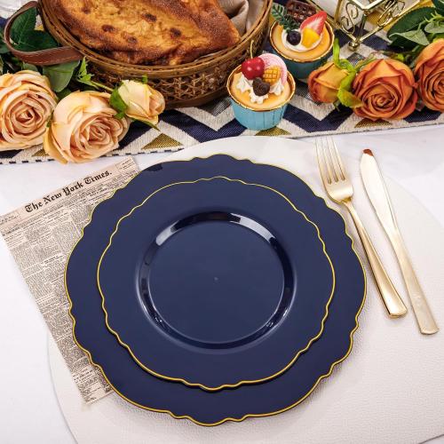 WDF 100pcs Blue Plastic Plates - Baroque Blue&Gold Disposable Plates for Parties/Wedding-50Plastic Dinner Plates 10.25in, 50Salad Plates 7.5in for Party/Birthday/Wedding/Passover