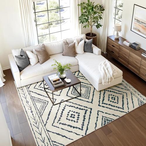 Area Rug 5x7 Rug Machine Washable Non-Slip Low Pile Print Pattern Western Rug for Living Room Bedroom Entryway Tribal Series -Navywhite/Black