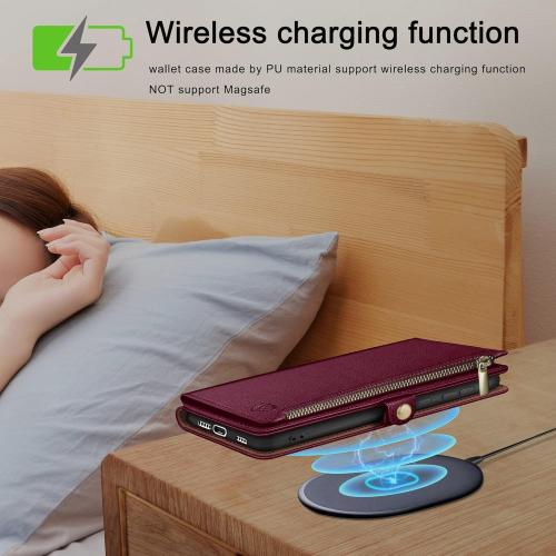 Size iPhone 16 Pro Max Color red XcaseBar compatible with iPhone 16 Pro Max Wallet case with Zipper Credit Card Holder【RFID Blocking】,Flip Folio Book PU Leather Phone case Shockproof Cover Women Men for Apple 16 Pro Max case Wine Red