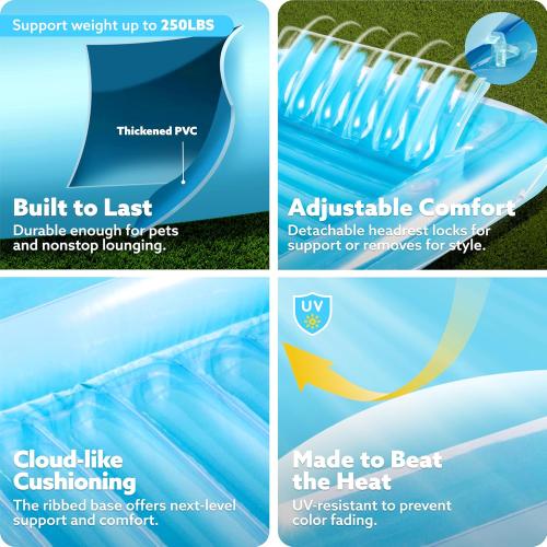 SLOOSH Inflatable Tanning Pool Lounger Float, 70 x 46 Pool Floats Adult with Pillow, 4 in 1 Suntan Tub Raft Floatie,Sunbathing Bed Lounge for Water Blow Up Kids Ball Pit Party Gifts, L-Blue