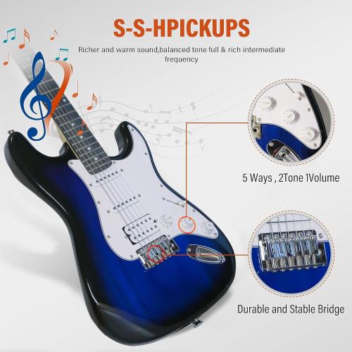 Ermik Solid Body Electric Guitar Kit with Amp 20W, Strings, Strap, Digital Tuner, Picks, Gig Bag, Cable, Tremolo Bar, 39 Full Size Guitar HSS Pickups Guitarra Electrica Beginner Gift - Blue