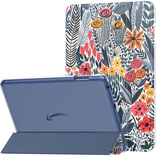 MoKo Case Fits All-New H D 8 inch Tablet (12th Generation/10th Gen, 2024/2022/2020 Release), PU Leather Trifold Stand Cover with Translucent Frosted Backshell with Auto Wake/Sleep, Blue Leaf Flower