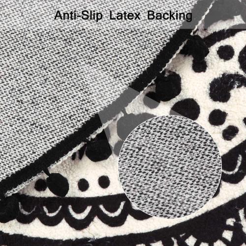 Uphome Boho Round Rug for Bedroom 3' Circle Beige and Black Bathroom Rug with Pom Poms Fringe Washable Mandala Accent Throw Rugs Non-Slip Soft Floor Mat for Entryway Living Room Sofa Kids Room Nursery