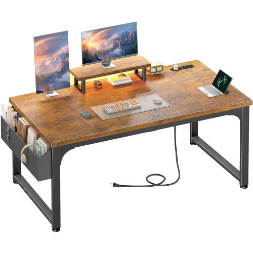 55 x 24 inch Desk with Power Outlets, Computer Desk with Monitor Stand & Light & Storage Bag, 0.95 Inch Thicker Desktop of Office Desk, Writing Desk for Home Office, Study, Bedroom, Brown