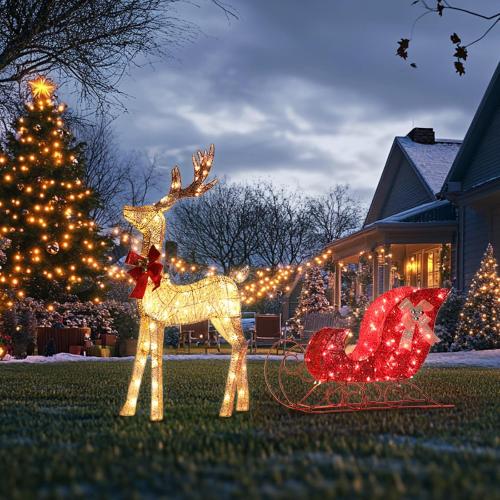 Light up Christmas Decor Deer Set, Lighted Christmas Deer Decorations & Sleigh 2 Pcs for Indoor Home Outdoor Front Yard Porch with 160 LED Lights, Ground Stakes,Cable, Gold &red Sleigh