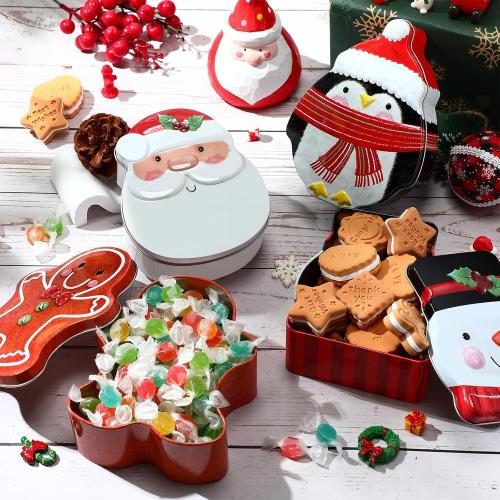 Hushee 8 Pcs Christmas Tin Box Cookie Tins with Lids Christmas Candy Containers Santa Snowman Gingerbread Penguin Metal Cookie Jar Christmas Biscuits Tin Can for Gift Xmas Card, 5 x 4.3 x 2 Inch
