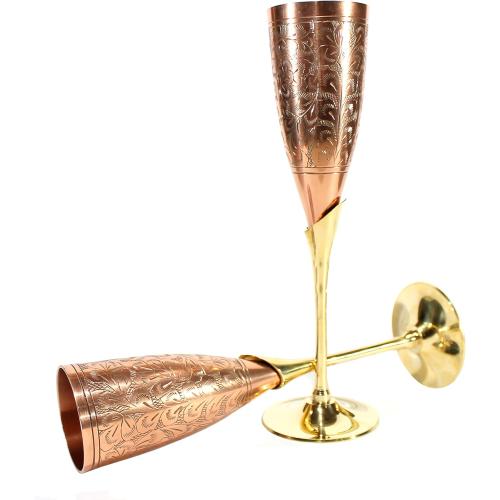 StonKraft Engraved Brass Goblets Champagne Glasses Flutes Coupes Wine Glass Set (Slender Copper)