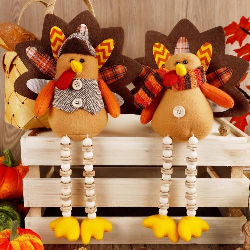 winemana 2 Pack Thanksgiving Turkey Decorations - Stuffed Animal Shelf Sitters with Dangling Legs for Table, Cute Turkeys Figurine Fall Decor for Home, Porch & Indoor Mantel Holiday Decor