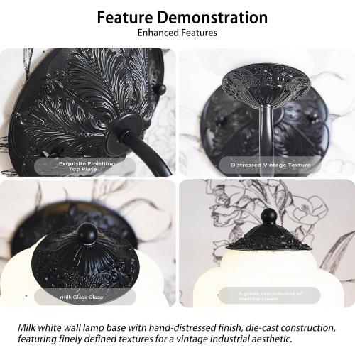 Antique Black Milk Glass Wall Sconce - Vintage Green Shade & Brass Finish Base - Indoor Wall Lighting Fixture for Living Room, Bedroom, Bathroom, Hallway, Entryway (White)