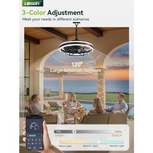 LEDIARY 20 Outdoor Ceiling Fans with Light, IP65 Waterproof Gazebo Fan with Hanging Hook, App Control for 3CCT Dimmable, Caged Plug in Ceiling Fan with Hanging Hook for Patio, Porch, Pergola