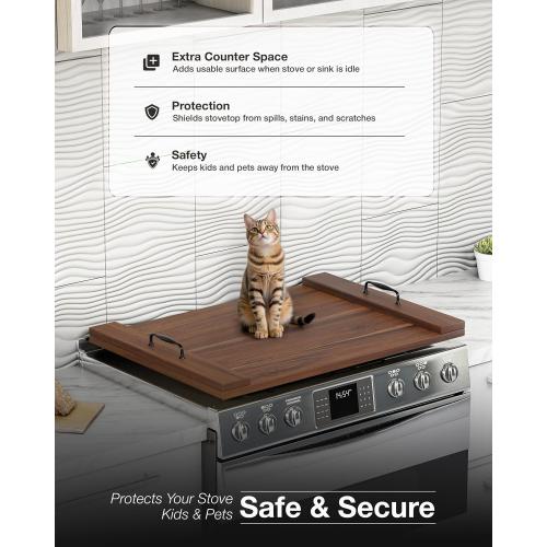 Bluewest Gas Stove Burner Covers, Wooden Noodle Board with Handle, Walnut | Extra-Thick Wooden RV Stovetop and Sink Cover Doubles as a Tray, Creating Extra Kitchen Counter Space for Prep and Serving.