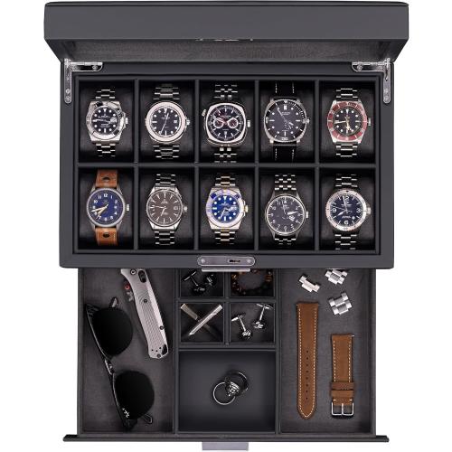 ROTHWELL 10-Slot Watch Box in Leather with Valet Drawer, Luxury Watch Case Display Organizer with Ultra Soft Microsuede Liner, Jewelry and Sunglass Holder With Large Glass top (Carbon)