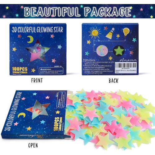 AM AMAONM 100 Pcs Colorful Glow in The Dark Luminous Stars Fluorescent Noctilucent Plastic Wall Stickers Murals Decals for Home Art Decor Ceiling Wall Decorate Kids Babys Bedroom Room Decorations