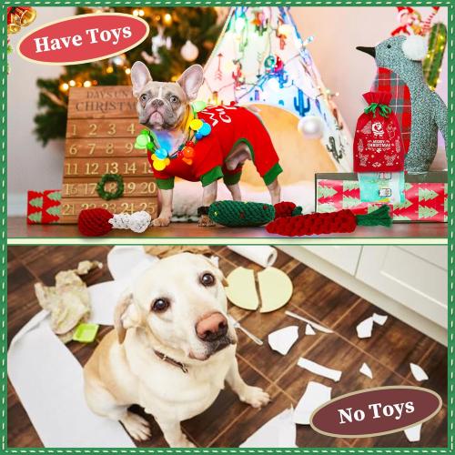 8 Pieces Christmas Dog Chew Toys, Santa Puppy Teething Chew Toys with Adorable Squeaky Toys, Training Ball, Christmas Storage Bag