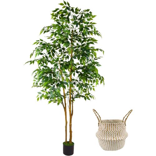 Artificial Ficus Tree, 7ft Silk Fake Ficus Leaves Plant with Basket, Indoor Outdoor Faux Green Tree for Home Garden Office House Livingroom Décor