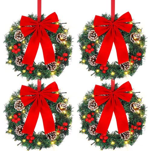 4 Pcs Lighted Christmas Wreaths, 12 Inch Pre Lit Small Xmas Wreath with Large Bow, Pine Needle Wreath with LED Lights Battery Operated Xmas Ornaments for Front Door Wall Christmas Party Decor(Red)