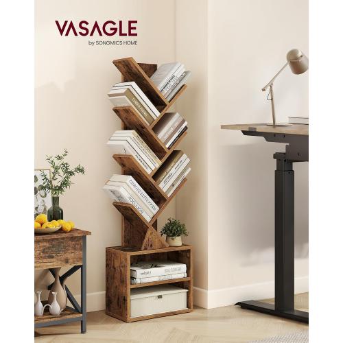 VASAGLE Custos Collection - Tree Bookshelf, Modern Bookcase, Floor Standing Book Shelf, for Bedroom, Living Room, Home Office, 2 Open Compartments, 8 x 15 x 48.5 Inches, Rustic Brown ULBC607K01