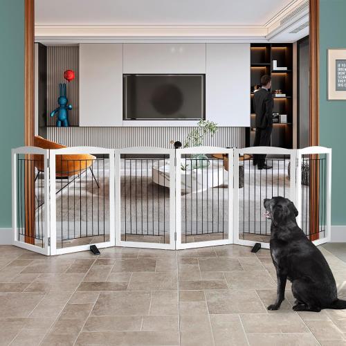 ZJSF Freestanding Dog Fence Indoor, Foldable Dog Gate for Doorways, Stairs or Hallways, Sturdy Wood Extra Wide Pet Gate with Support Feet for The House, White, 32 Height-6 Panels