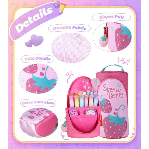 Magnetic Standing Pencil Case for Girls - Back to School Stuff, Cute Strawberry Standing Zipper Pencil Case, Large Capacity Stand up Pen Bag, Stationery Pen Holder, Study Supplies for Students