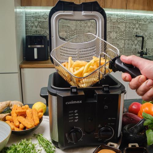 CUSIMAX Electric Deep Fryer for Home Use, 2.5 Liter 1500W Small Deep Fryer with Basket, Adjustable Temperature & Time, Lid with View Window and Odor Free Filter