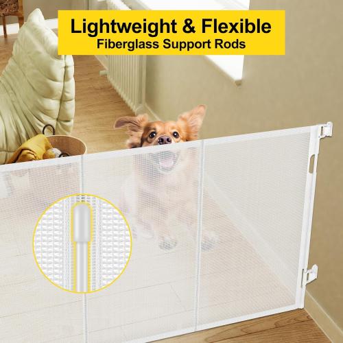 Reinforced 42” Extra Tall Retractable Dog Gate for Doorways 60” Wide Mesh Baby Gate, Tall Baby Gates for Stairs with Rods to Prevent Crawling Through Retractable Pet Gate Indoor Outdoor, White
