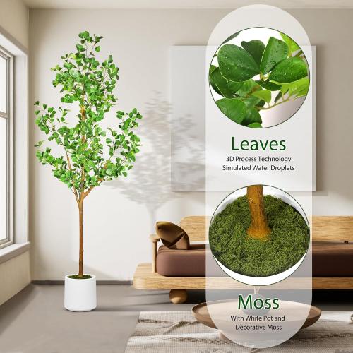 6 FT Artificial Heart Ficus Tree Indoor, Realistic Faux Plant with Dew Drops, Fake Tree with Pots for Home Office Decor