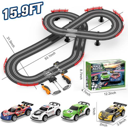 3-in-1 Slot Car Race Track Sets with 4 High-Speed Cars, Electric Track, Dual Racing Game with Lap Counter & 2 Controllers, and Circular Overpass Design – Toy Gift for Boys Kids Ages 6-8 8-12