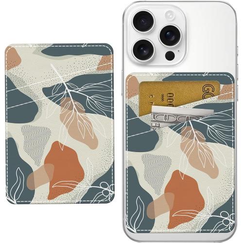Phone Card Holder, Cute Leather Phone Wallet Stick On, Dual Pocket Credit Card Sticky Wallet, Compatible with Most of Cell Phone Boho Leave