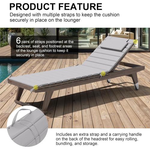Crestlive Products Chaise Lounge Cushion Outdoor Set of 2, Waterproof Foldable Pool Lounge Chair Cushions with Straps, Lounger Cushions for Outdoor Furniture, Patio, 71''Lx21''W (Light Gray)